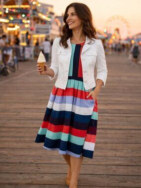 LuLaRoe Multicolor Striped Midi Dress Pleated Waist Pockets Size S